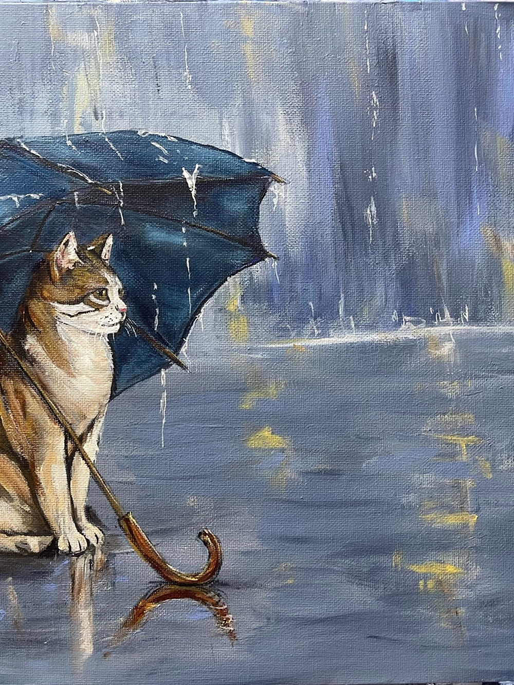 Blue Umbrella Cat Canvas Hand acrylic painting.